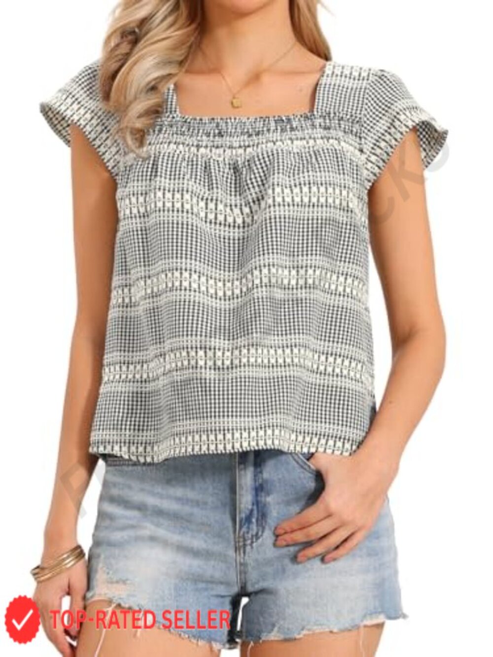 Gingham Peasant Blouse Square Neck Cap Sleeve Summer Top Women